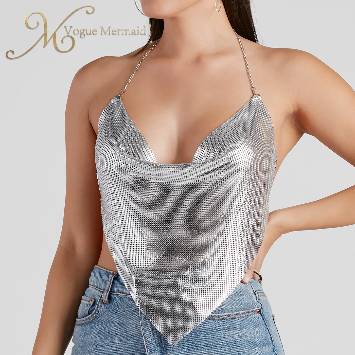 Halter Neck Backless Metallic Silver Top For Club Party Beach